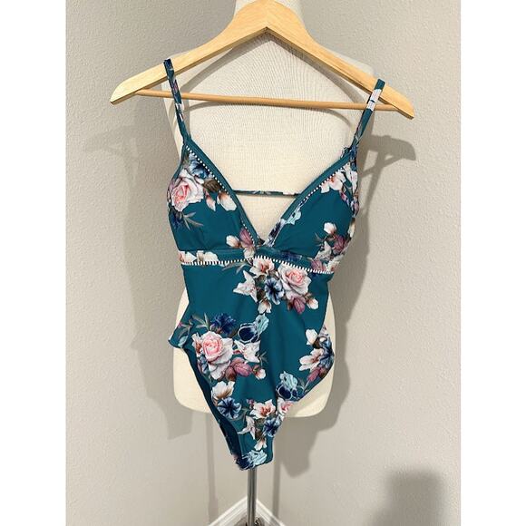 Cupshe Floral Lace Up One Piece Swimsuit Green / Teal Floral Large - Picture 3 of 9